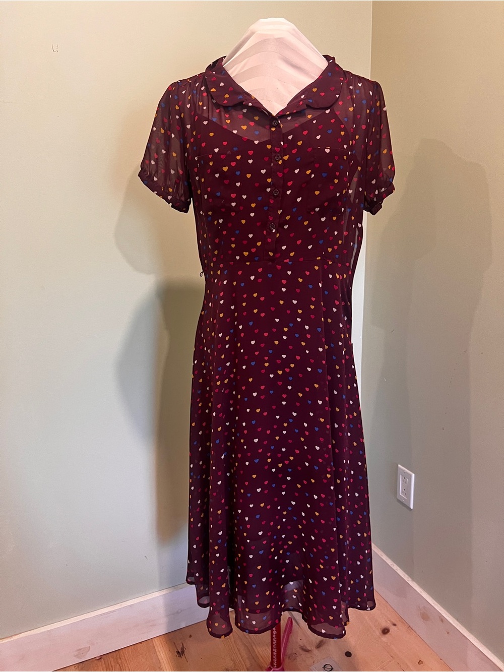 Hollister Maroon Midi Dress with Multicolor Heart Print